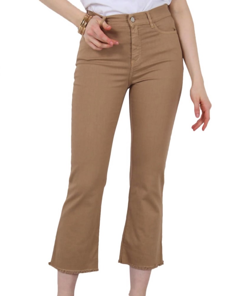 Front of a model wearing a size 12 Olpe Flare Crop Raw Hem Pant In Sand in Sand by MARELLA. | dia_product_style_image_id:357991